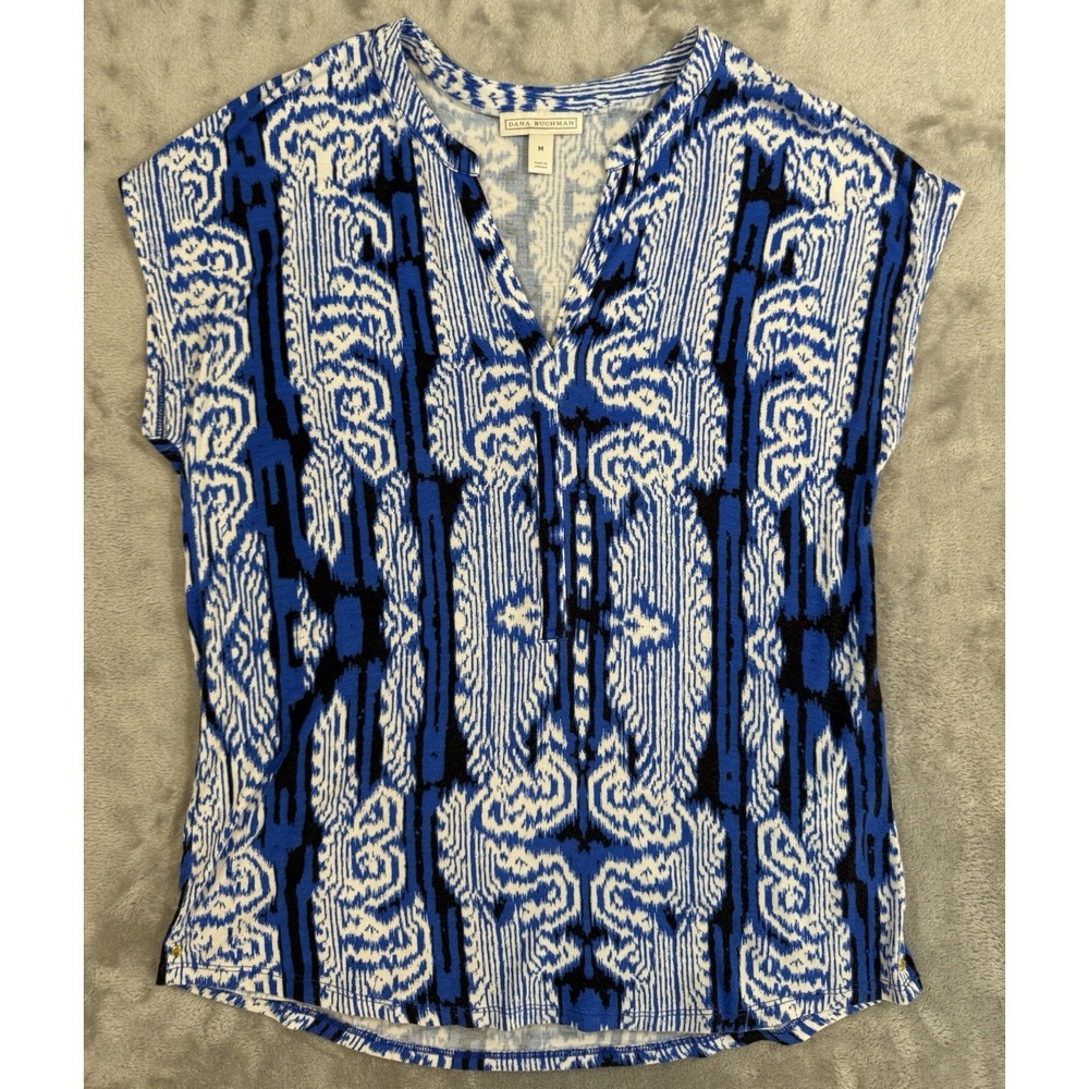Dana Buchman Top Womens M Blue Ikat Cap Sleeve V-Neck Stretch Knit Rayon Blend